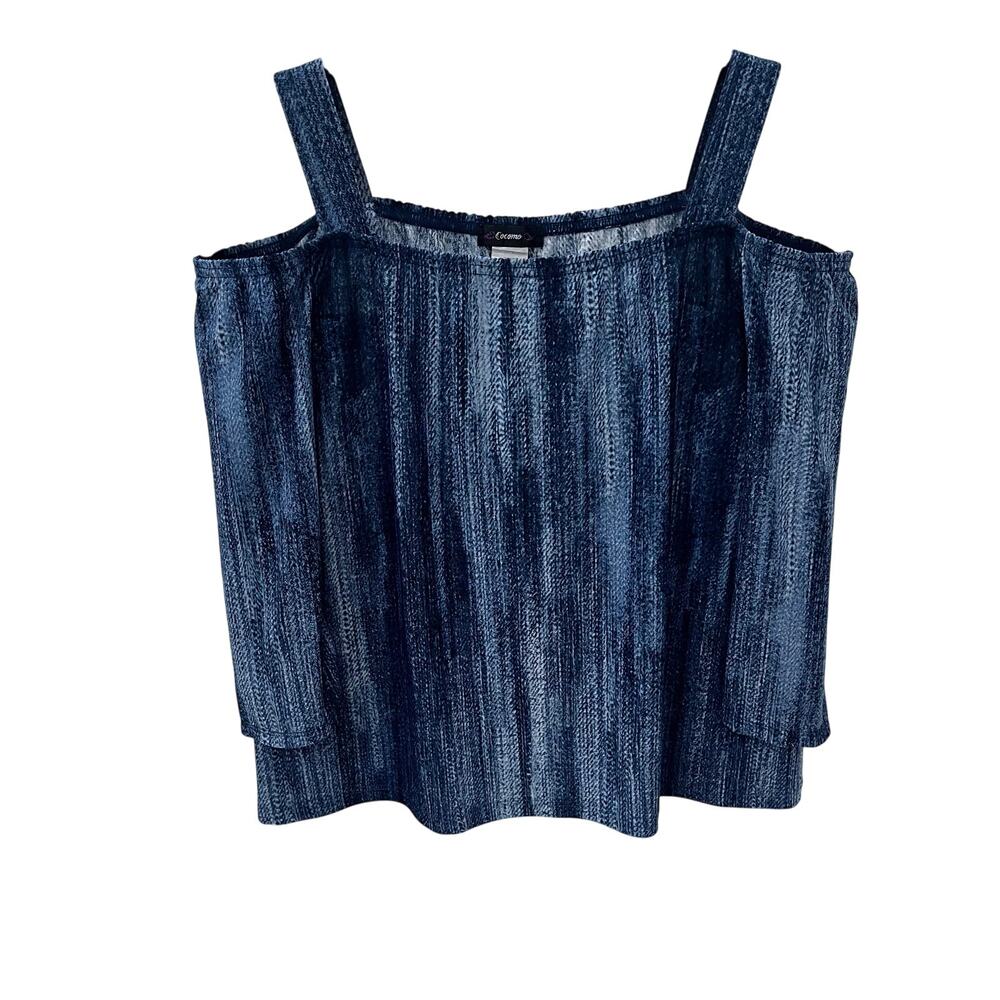 Cocomo Women's LG Cold Shoulder Denim Blue And White Abstract Print Blouse